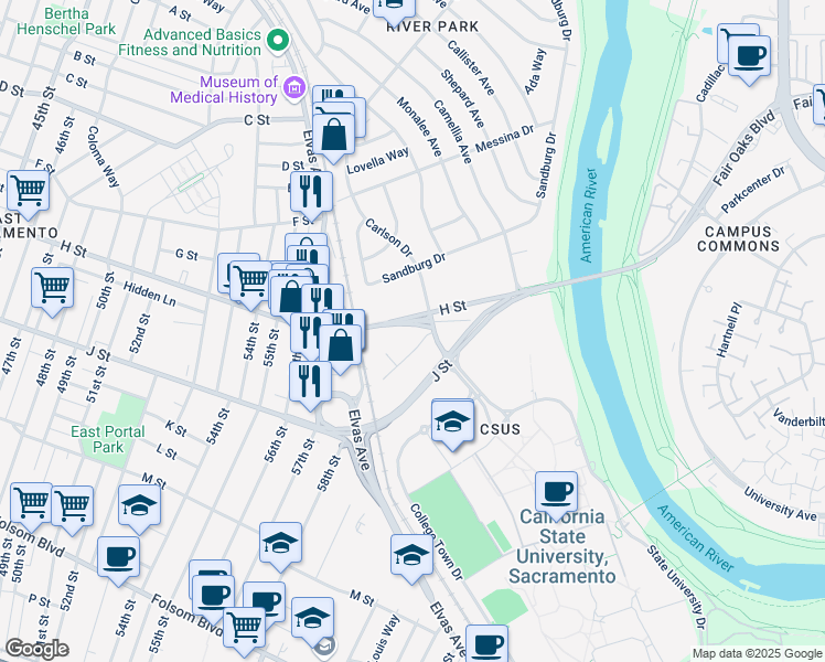 map of restaurants, bars, coffee shops, grocery stores, and more near 5975 Newman Court in Sacramento