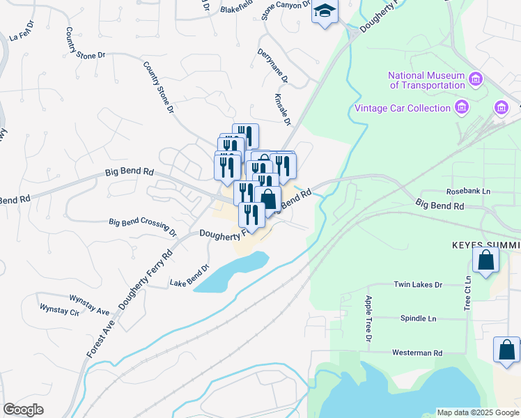 map of restaurants, bars, coffee shops, grocery stores, and more near Big Bend Rd & Dougherty Ferry Rd in Valley Park