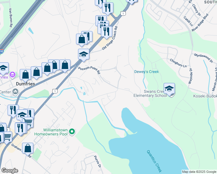 map of restaurants, bars, coffee shops, grocery stores, and more near 17746 Possum Point Road in Dumfries