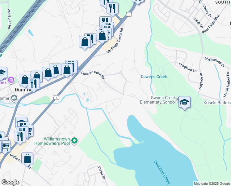 map of restaurants, bars, coffee shops, grocery stores, and more near 17746 Possum Point Road in Dumfries