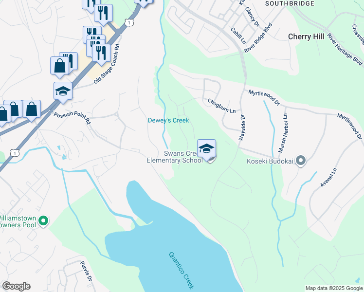 map of restaurants, bars, coffee shops, grocery stores, and more near 17618 Deweys Run Lane in Dumfries
