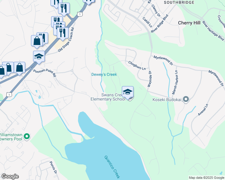 map of restaurants, bars, coffee shops, grocery stores, and more near 17618 Deweys Run Lane in Dumfries