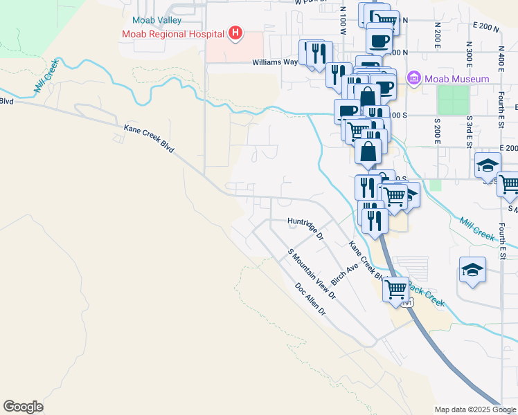 map of restaurants, bars, coffee shops, grocery stores, and more near 443 Kane Creek Boulevard in Moab