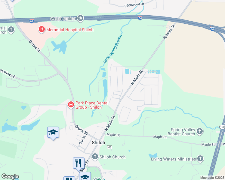 map of restaurants, bars, coffee shops, grocery stores, and more near 112 Lucia Lane in Shiloh