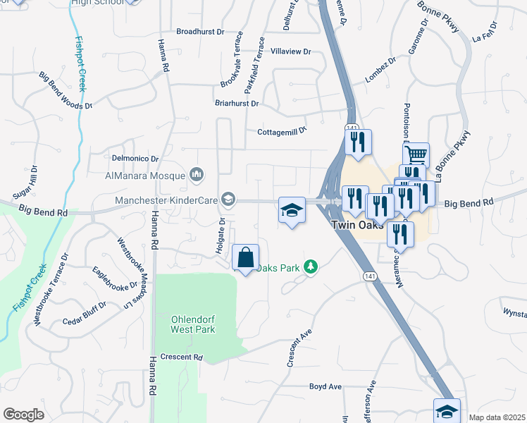 map of restaurants, bars, coffee shops, grocery stores, and more near 1207 Big Bend Road in Ballwin