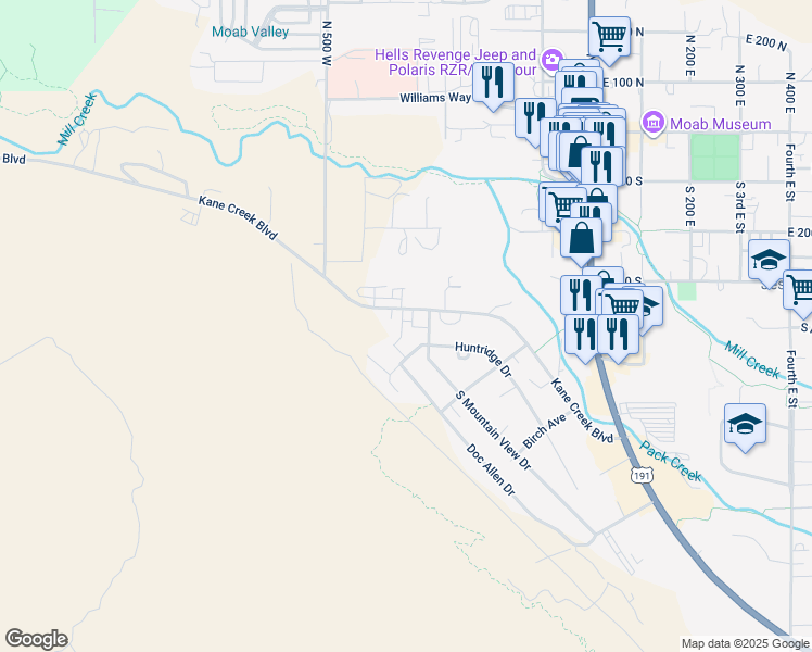 map of restaurants, bars, coffee shops, grocery stores, and more near 443 Kane Creek Boulevard in Moab