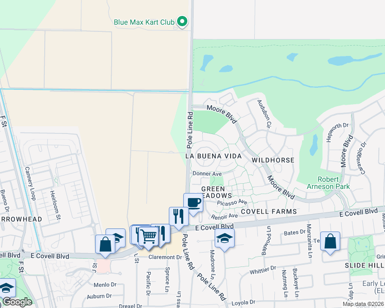 map of restaurants, bars, coffee shops, grocery stores, and more near 2804 Pole Line Road in Davis
