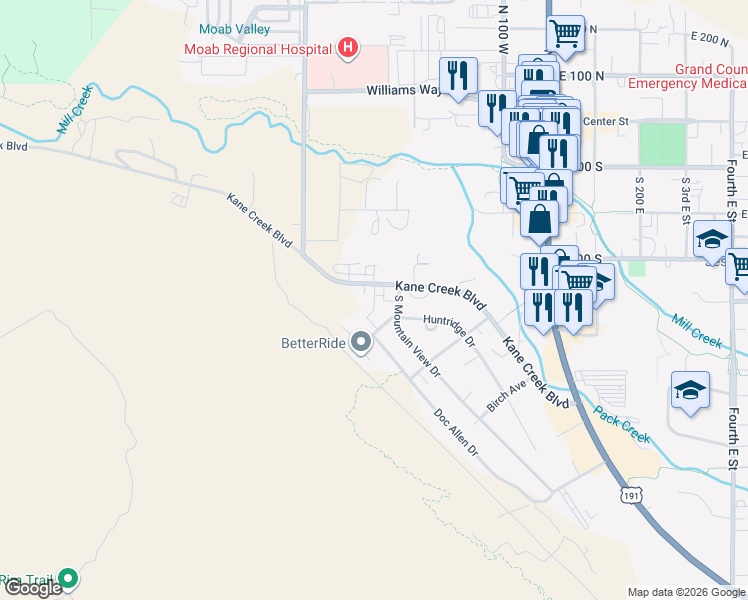 map of restaurants, bars, coffee shops, grocery stores, and more near 454 Kane Creek Boulevard in Moab