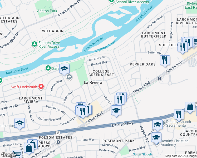 map of restaurants, bars, coffee shops, grocery stores, and more near 2645 Argolis Way in Sacramento