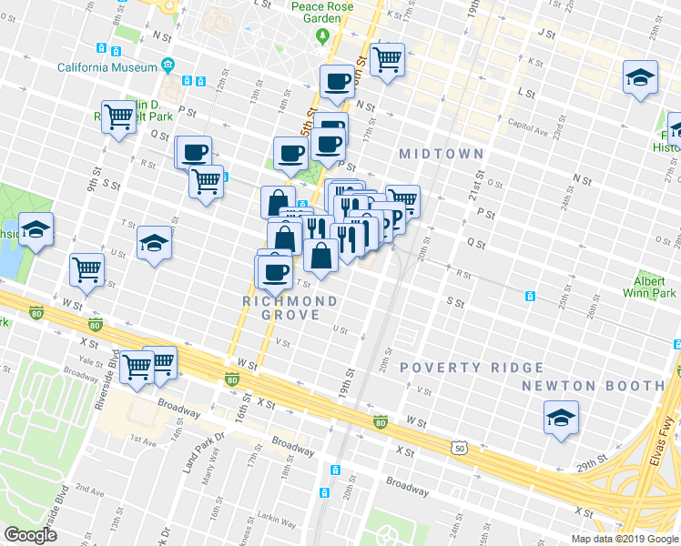 map of restaurants, bars, coffee shops, grocery stores, and more near 1829 17th Street in Sacramento