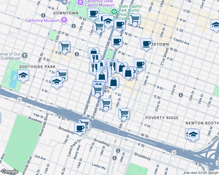 map of restaurants, bars, coffee shops, grocery stores, and more near 1901 16th Street in Sacramento