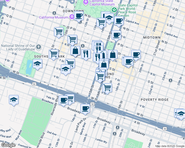 map of restaurants, bars, coffee shops, grocery stores, and more near 1401 T Street in Sacramento