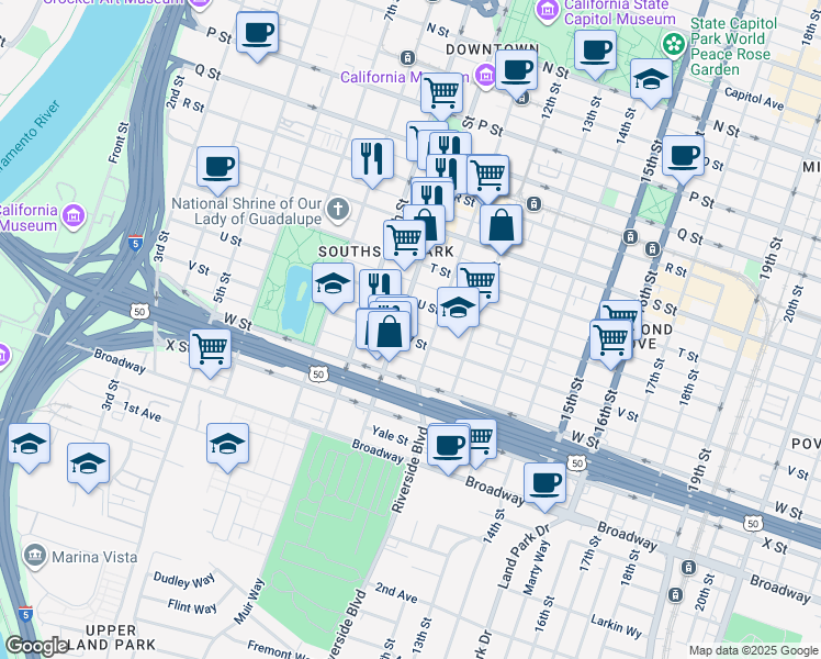map of restaurants, bars, coffee shops, grocery stores, and more near 1006 U Street in Sacramento