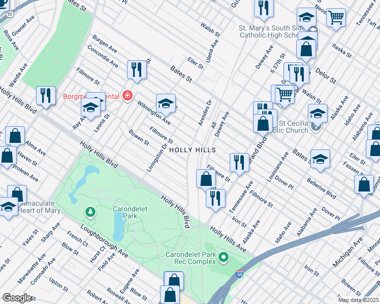 map of restaurants, bars, coffee shops, grocery stores, and more near 3800 Wilmington Avenue in St. Louis