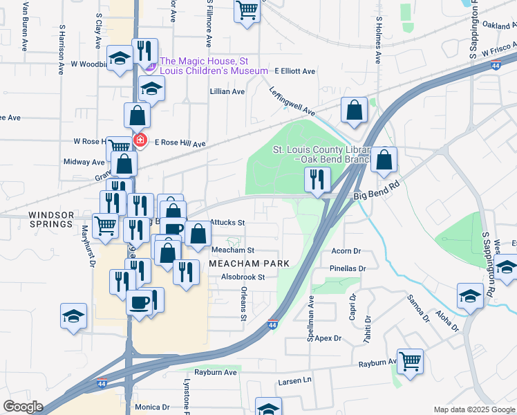 map of restaurants, bars, coffee shops, grocery stores, and more near 901-A Carriage Circle Lane in Kirkwood