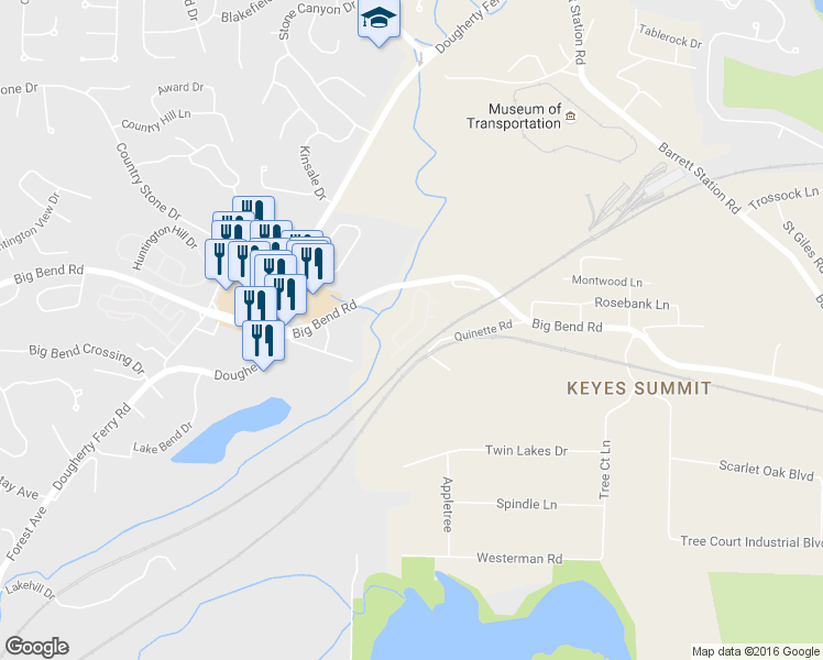 map of restaurants, bars, coffee shops, grocery stores, and more near 1109 Arbor Creek Drive in St. Louis