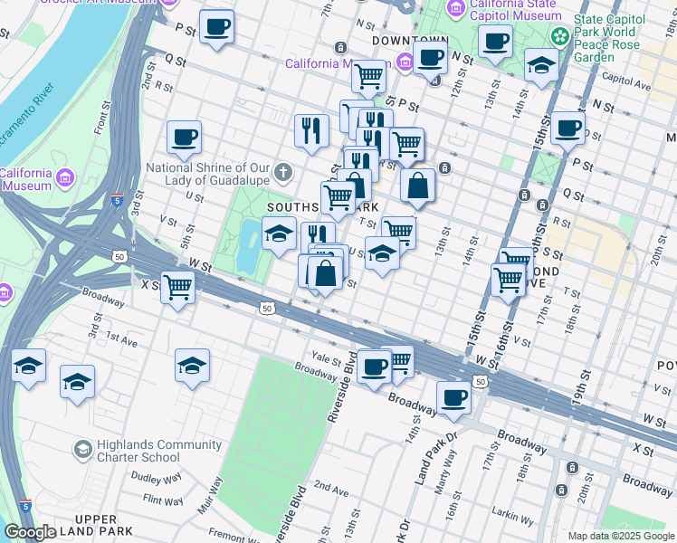 map of restaurants, bars, coffee shops, grocery stores, and more near 2125 10th Street in Sacramento