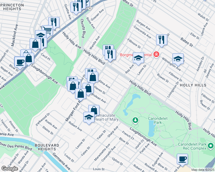 map of restaurants, bars, coffee shops, grocery stores, and more near 4109 Alma Avenue in Saint Louis