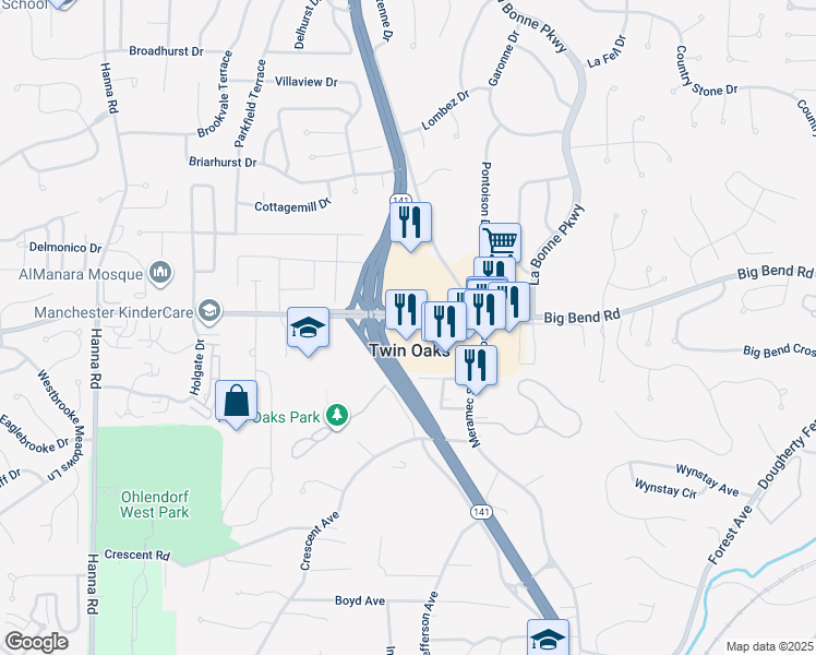 map of restaurants, bars, coffee shops, grocery stores, and more near 1300 Big Bend Road in Twin Oaks