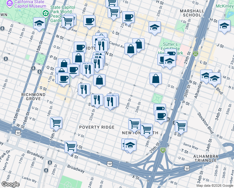 map of restaurants, bars, coffee shops, grocery stores, and more near 2301 1/2 Q Street in Sacramento