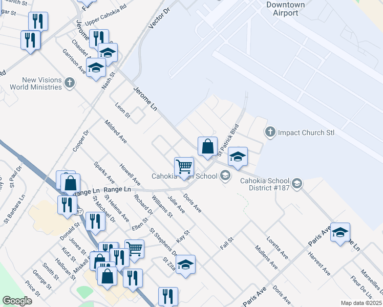 map of restaurants, bars, coffee shops, grocery stores, and more near 899 Frontenac Street in Cahokia