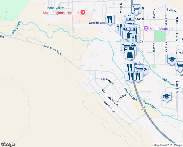 map of restaurants, bars, coffee shops, grocery stores, and more near 454 Kane Creek Boulevard in Moab