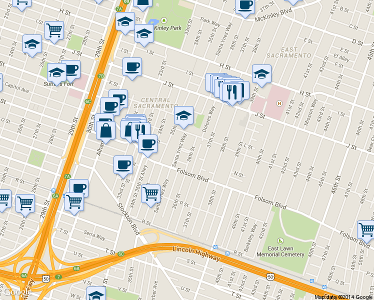map of restaurants, bars, coffee shops, grocery stores, and more near 1304 36th Street in Sacramento