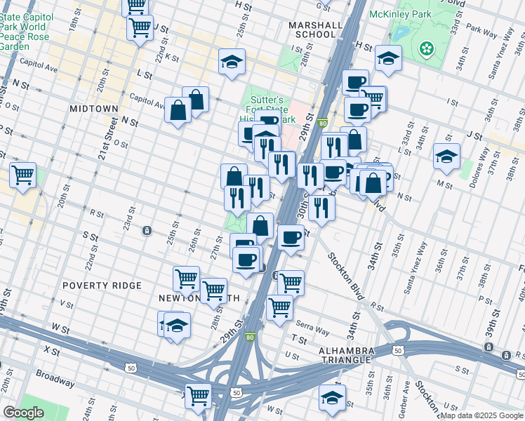map of restaurants, bars, coffee shops, grocery stores, and more near 1501 28th Street in Sacramento