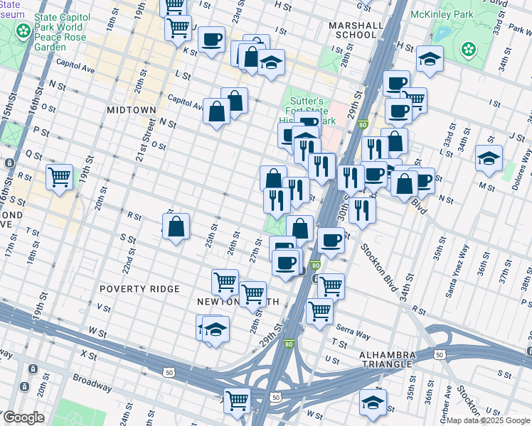 map of restaurants, bars, coffee shops, grocery stores, and more near 1517 27th Street in Sacramento