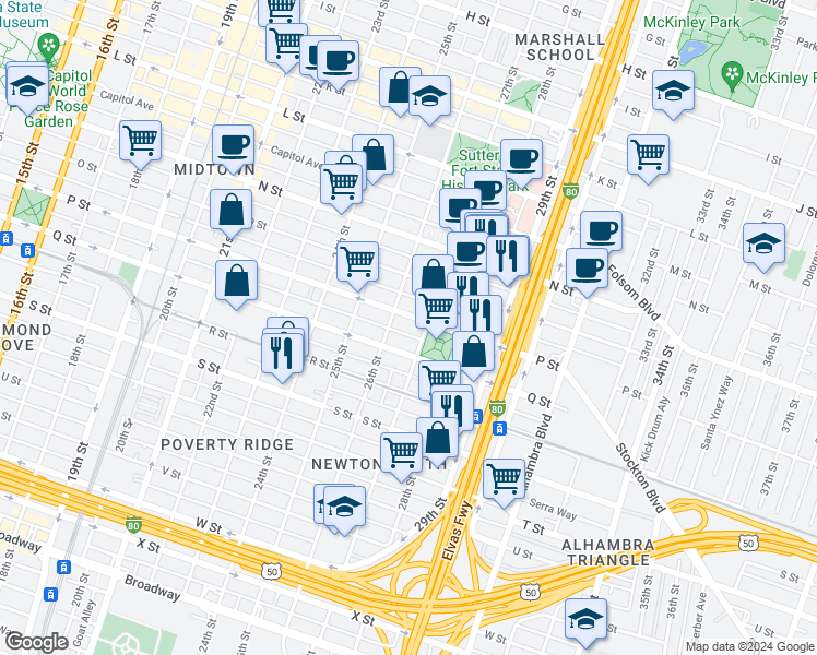map of restaurants, bars, coffee shops, grocery stores, and more near 1531 26th Street in Sacramento