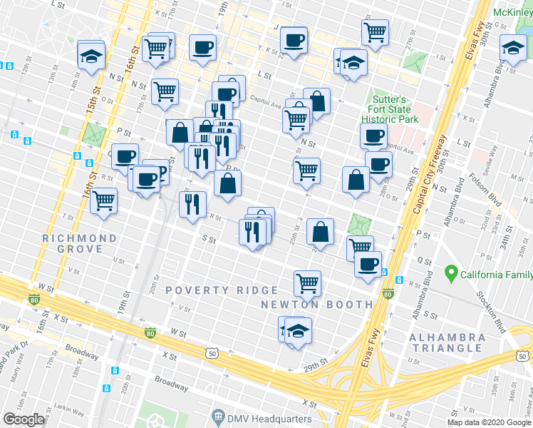 map of restaurants, bars, coffee shops, grocery stores, and more near 2301 Q Street in Sacramento