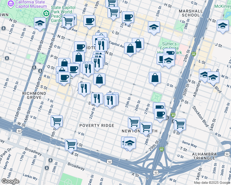 map of restaurants, bars, coffee shops, grocery stores, and more near 2301 Q Street in Sacramento