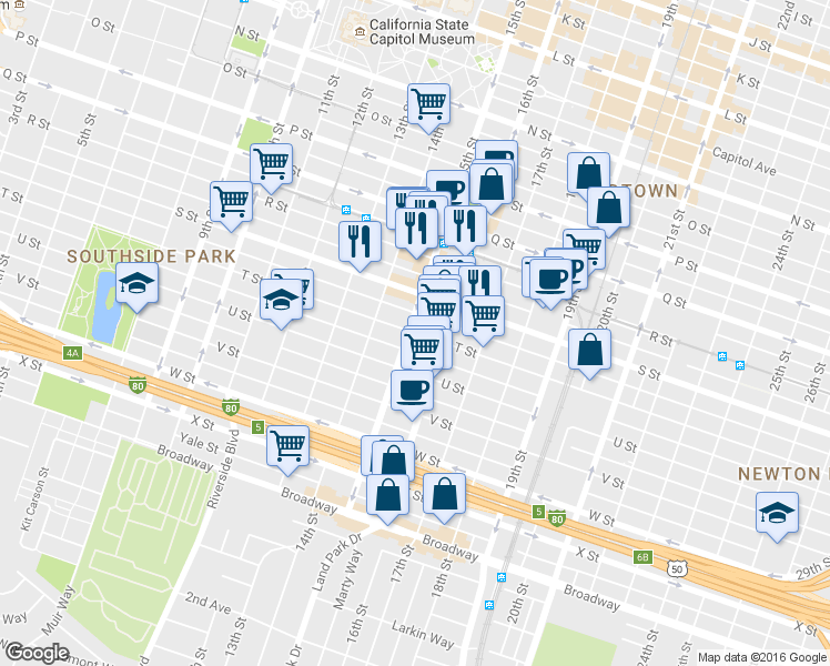 map of restaurants, bars, coffee shops, grocery stores, and more near 1917 15th Street in Sacramento