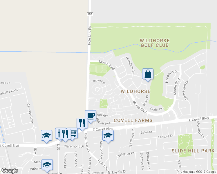 map of restaurants, bars, coffee shops, grocery stores, and more near 2806 Bidwell Street in Davis