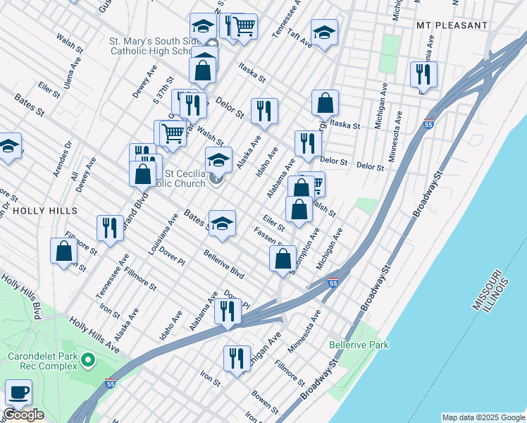 map of restaurants, bars, coffee shops, grocery stores, and more near 5235 Alabama Avenue in St. Louis