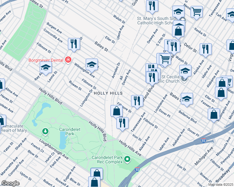 map of restaurants, bars, coffee shops, grocery stores, and more near 5815 Dewey Avenue in St. Louis