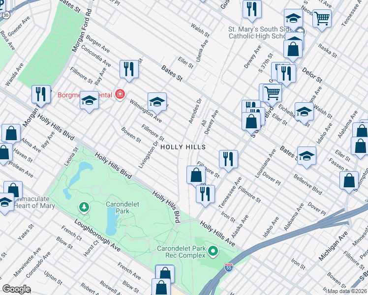 map of restaurants, bars, coffee shops, grocery stores, and more near 3800 Wilmington Avenue in St. Louis