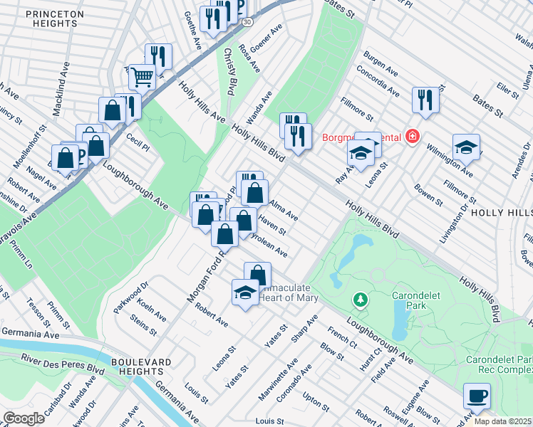map of restaurants, bars, coffee shops, grocery stores, and more near 4143 Alma Avenue in St. Louis