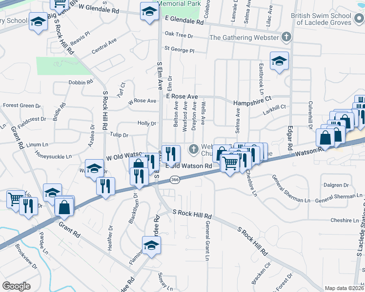 map of restaurants, bars, coffee shops, grocery stores, and more near 1433 Wexford Avenue in Webster Groves