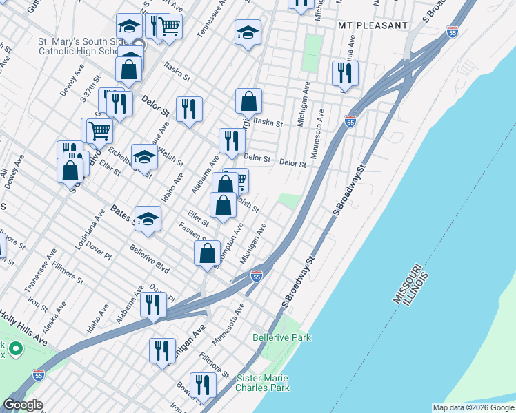 map of restaurants, bars, coffee shops, grocery stores, and more near 5121 Wicklow Place in St. Louis