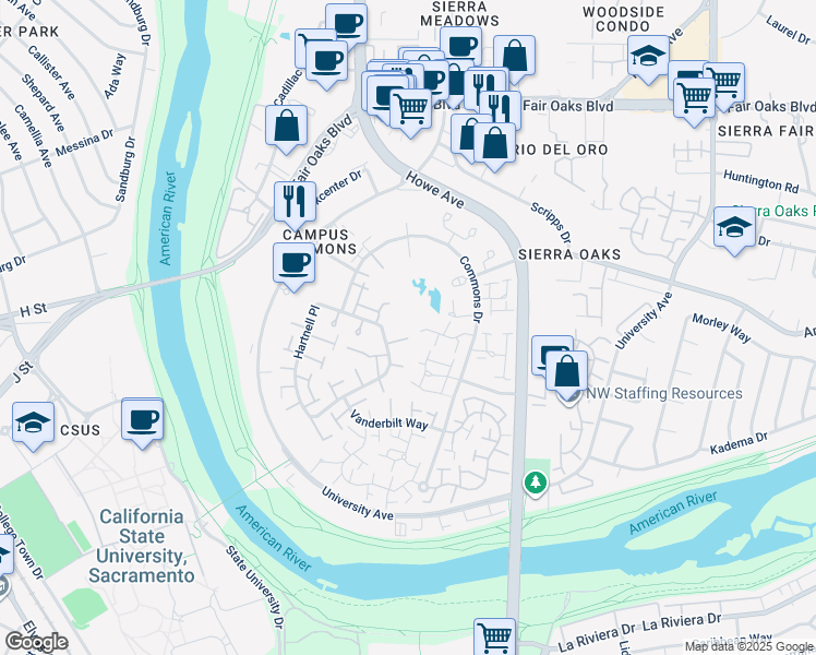 map of restaurants, bars, coffee shops, grocery stores, and more near 650 Commons Drive in Sacramento