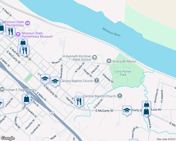 map of restaurants, bars, coffee shops, grocery stores, and more near 207 McKinley Street in Jefferson City