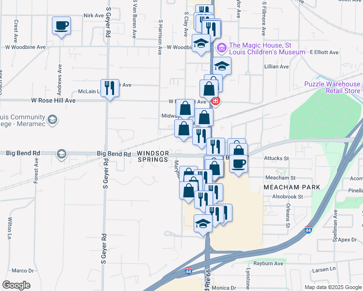 map of restaurants, bars, coffee shops, grocery stores, and more near 207 Prospect Avenue in Kirkwood