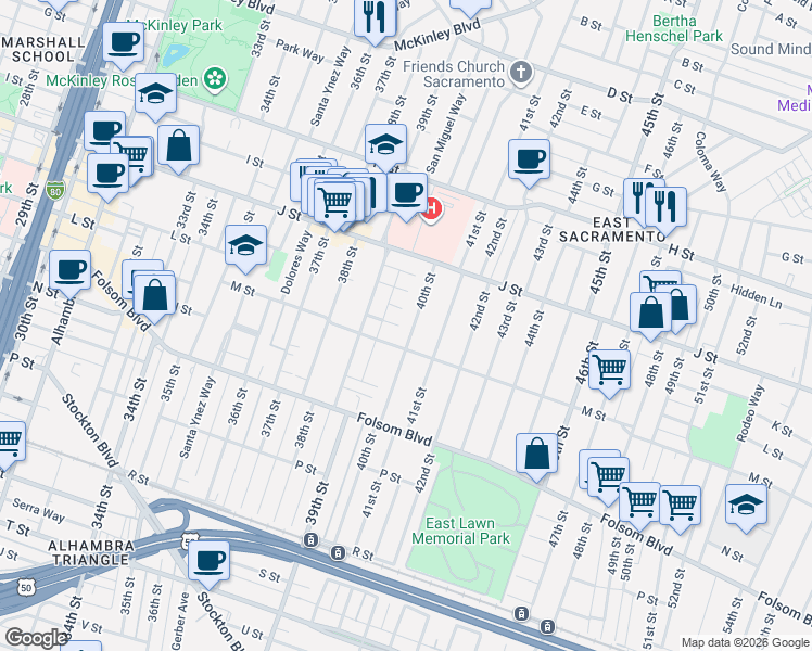 map of restaurants, bars, coffee shops, grocery stores, and more near 1120 40th Street in Sacramento