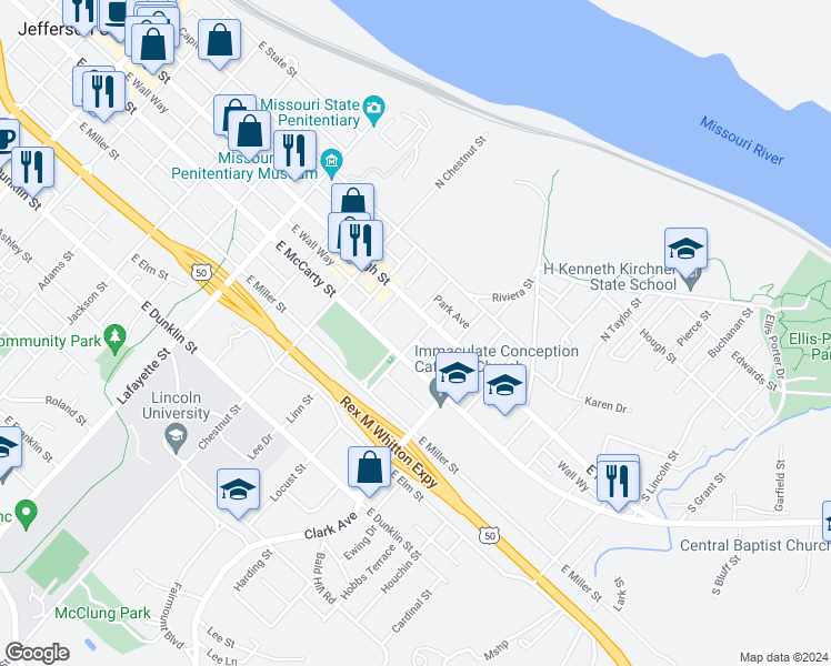 map of restaurants, bars, coffee shops, grocery stores, and more near 308 Locust Street in Jefferson City