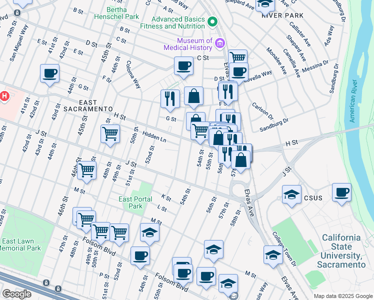map of restaurants, bars, coffee shops, grocery stores, and more near 838 El Dorado Way in Sacramento