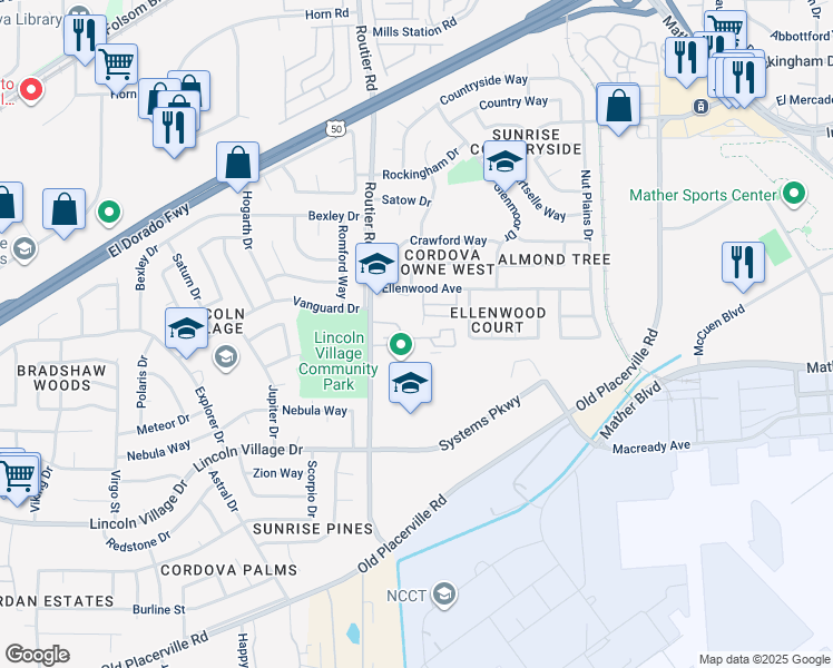 map of restaurants, bars, coffee shops, grocery stores, and more near 10136 Ellenwood Avenue in Sacramento