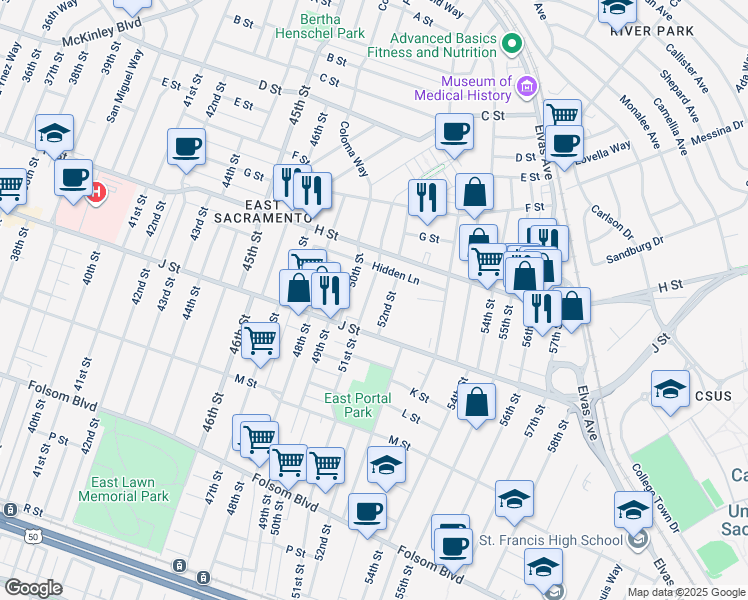 map of restaurants, bars, coffee shops, grocery stores, and more near 832 51st Street in Sacramento