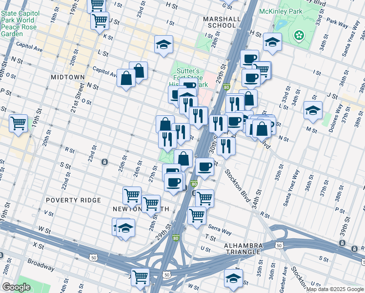 map of restaurants, bars, coffee shops, grocery stores, and more near 1501 28th Street in Sacramento