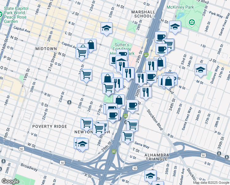 map of restaurants, bars, coffee shops, grocery stores, and more near 1501 28th Street in Sacramento